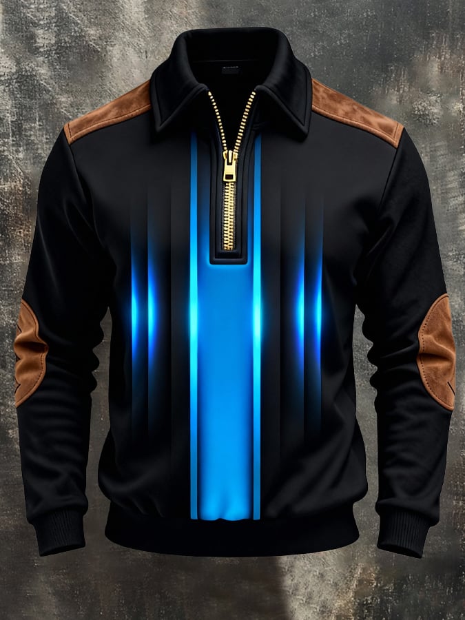 para hombre retro en bloques de color Print Zipper Sweacamiseta