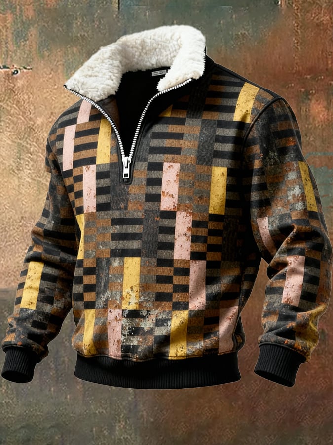 Sudadera retro en bloques de color estampado casual Fur cuello para hombre
