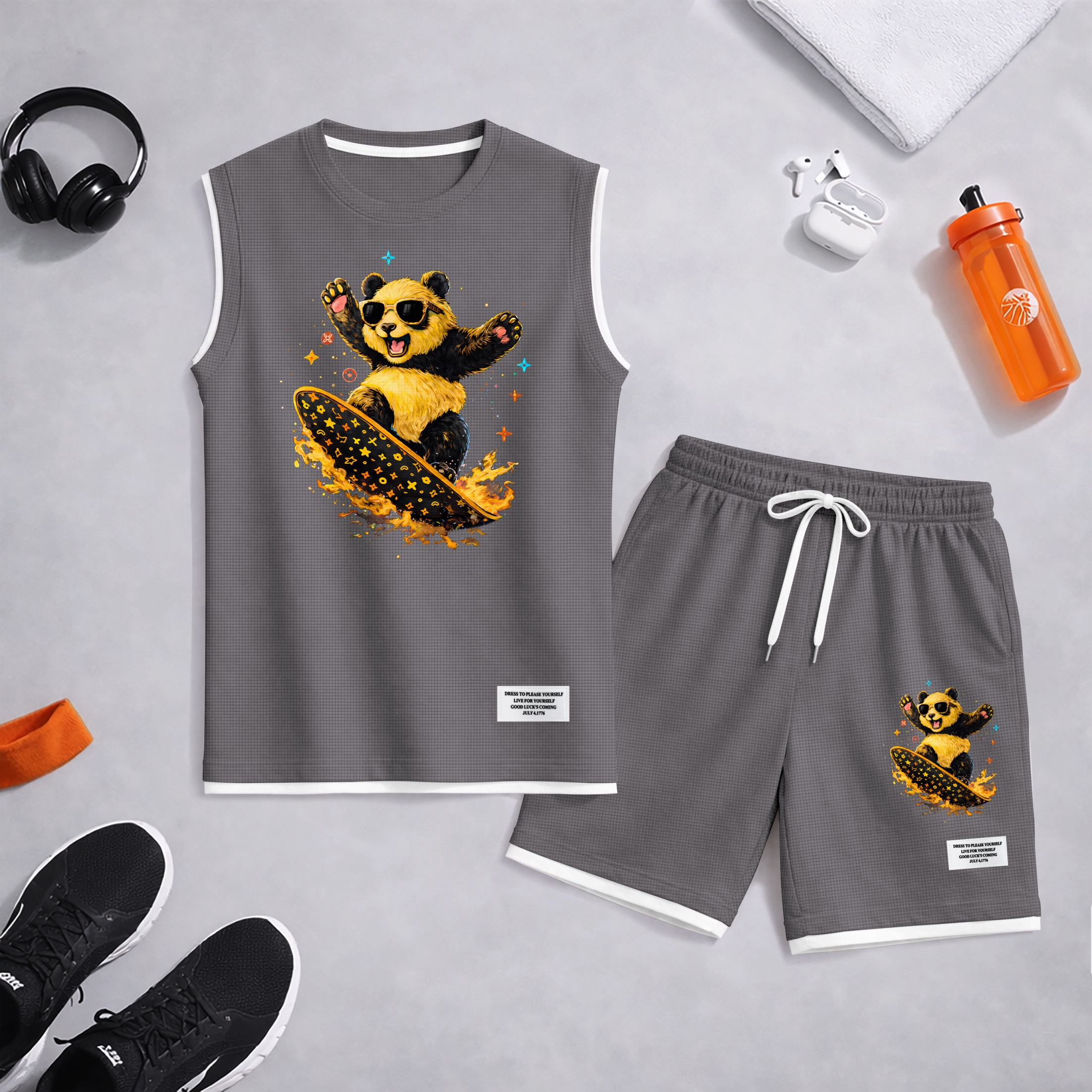 Shorts Cartoon Panda Graphic estampado Summer Set Sleeveless Tank Top & Matching Outfit, Skateboard Style Animal estampado Lightweight casual Streetwear Athletic Set for Everyday & Holiday para hombre