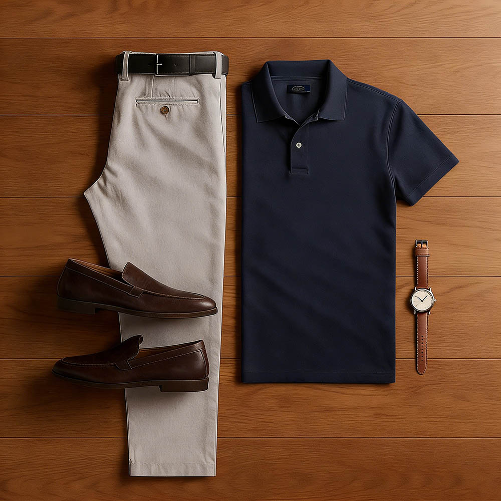 Conjunto de dos piezas casual Navy Blue & Gray Khaki Color Matching de manga corta camisa polo & Trousers para hombre