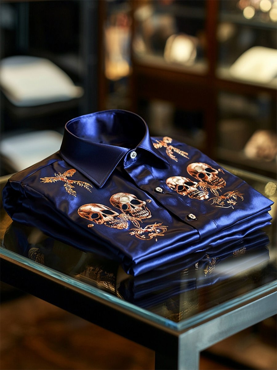 Camisa satén Luxe Skull de manga larga con botones para hombre