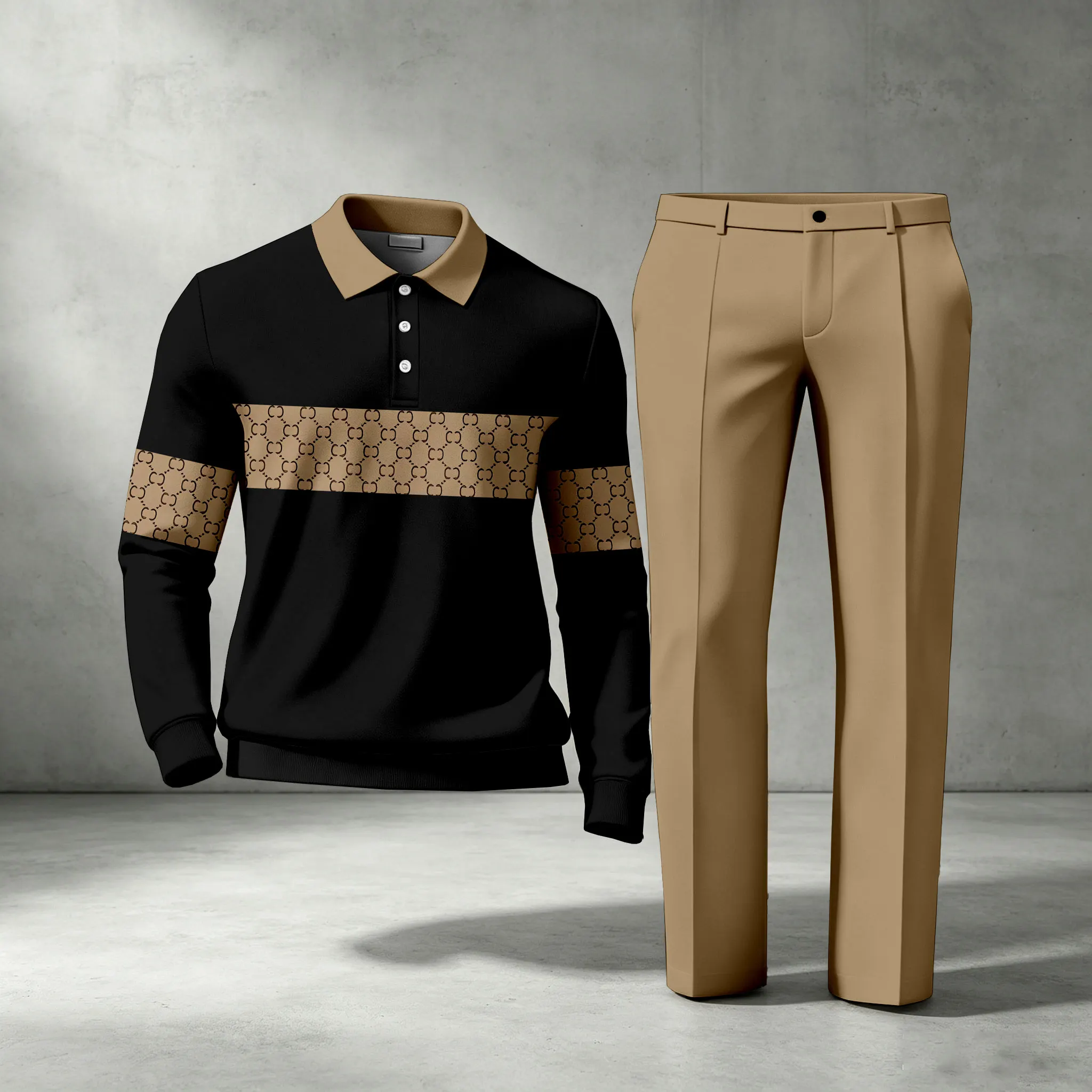 para hombre a rayas de manga larga camisa polo and pantalón conjunto de dos piezas