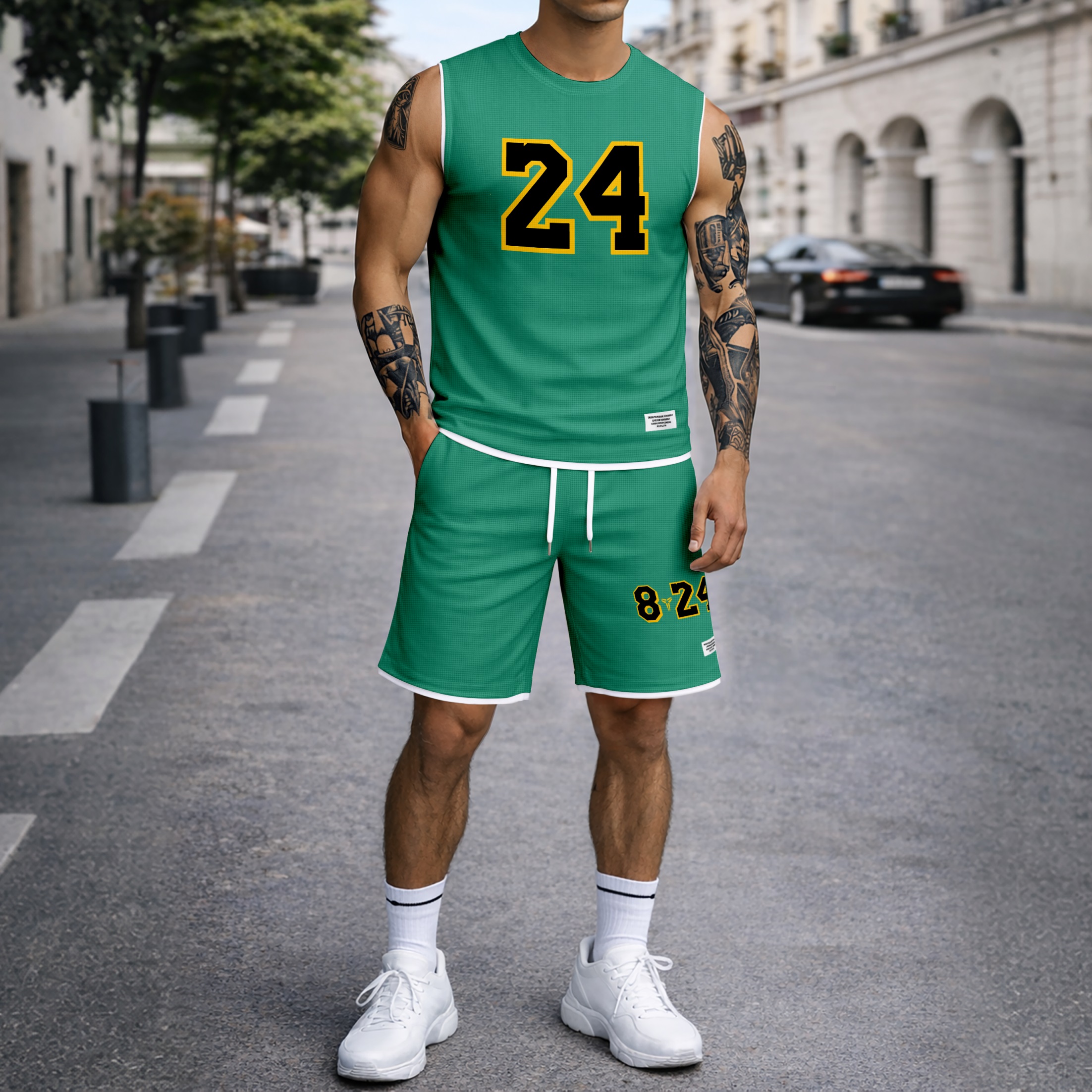Shorts Number 24 Graphic estampado Summer Set Sleeveless Tank Top & Matching Outfit, Basketball Style Double Number estampado Lightweight casual Streetwear Athletic Set for Everyday & para trabajoout para hombre