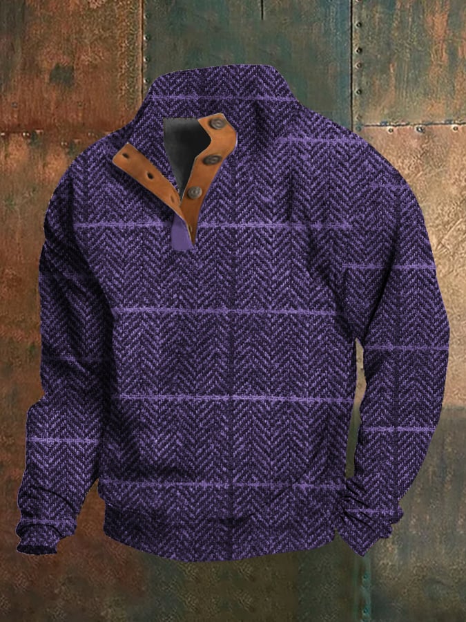 Sudadera Western vintage a cuadros estampado Stand cuello con botones para hombre