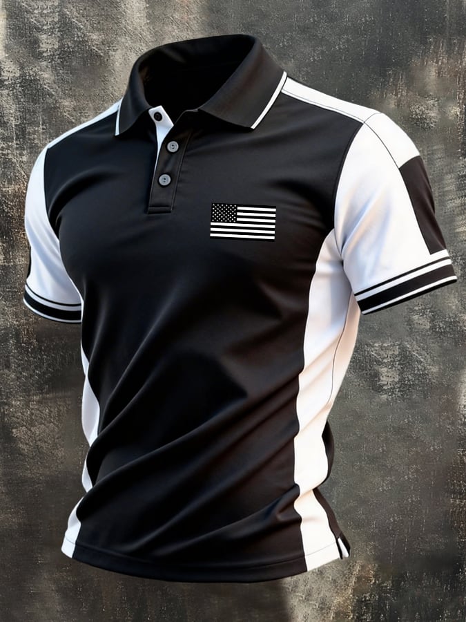 para hombre retro Patriotic Color-Block de manga corta camisa polo