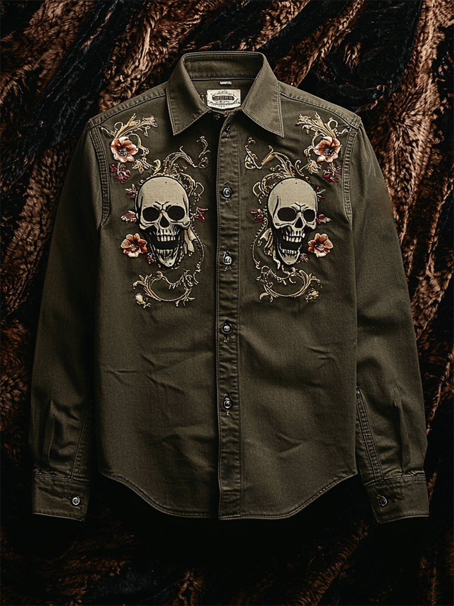 Camisa retro casual Skull estampado de manga larga para hombre