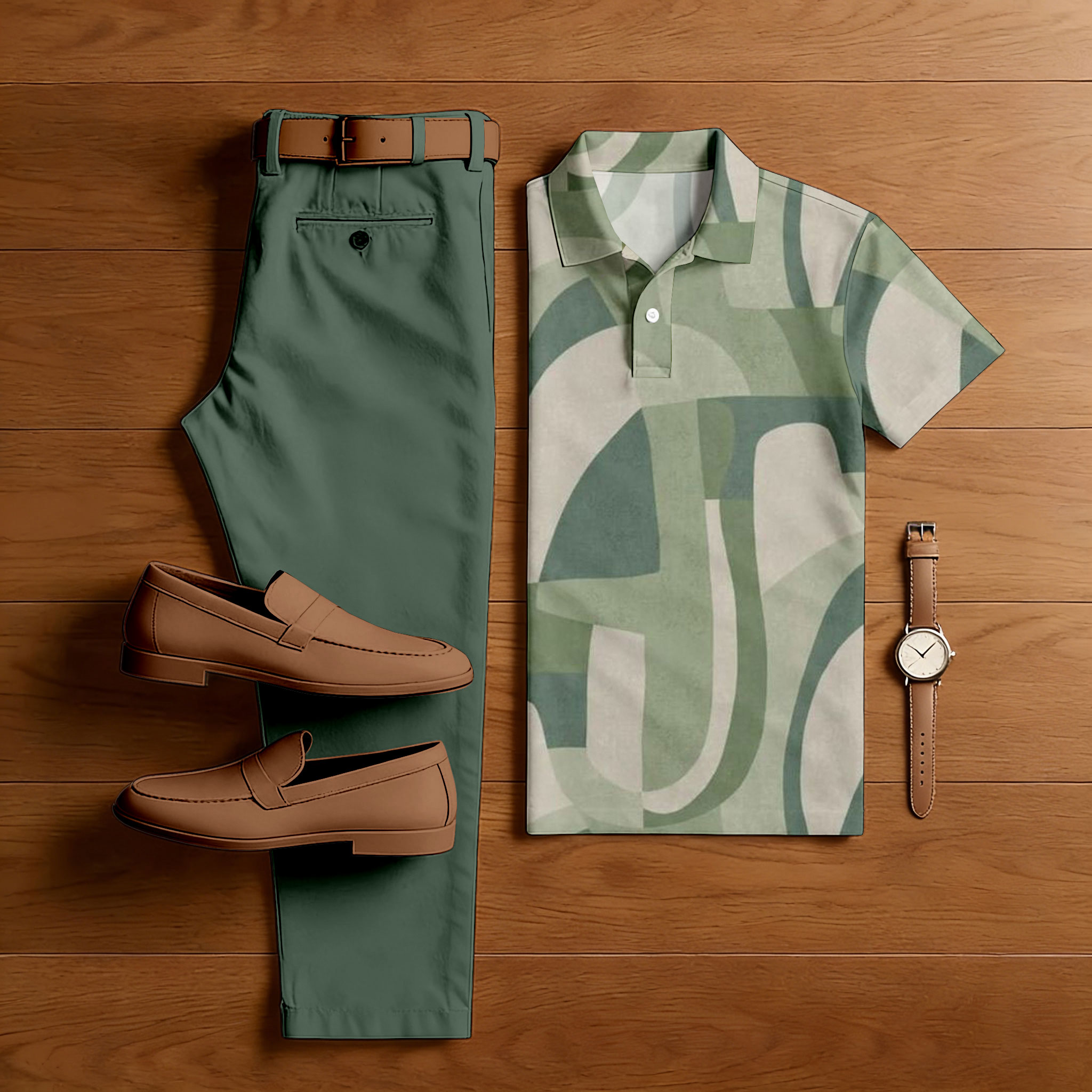 Conjunto de dos piezas casual Multi Green Color Matching Geometric estampado de manga corta camisa polo & Trousers para hombre