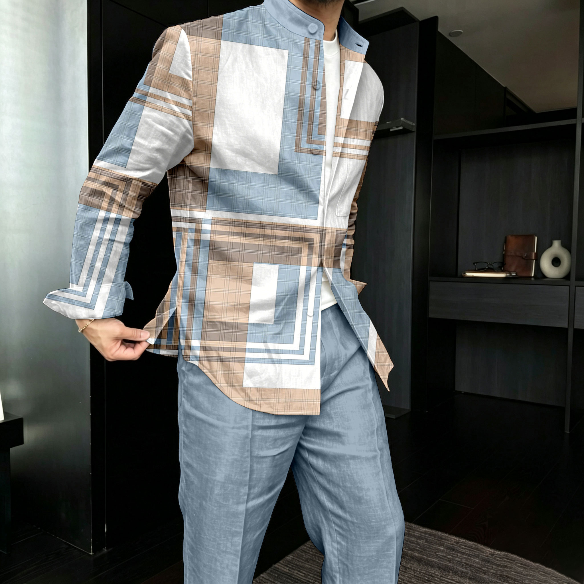Conjunto de dos piezas casual Checkered Patchpara trabajo estampado Stand-Collar de manga larga camisa and pantalón para hombre