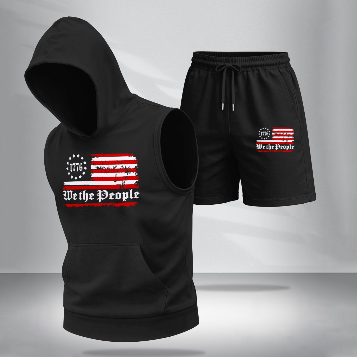 Conjunto de dos piezas American Flag estampadoHooded Tank Top & shorts Set, Regular Fitcasual Athletic de moda Activewear SleevelessTop & shorts, Summer Clothes para hombre