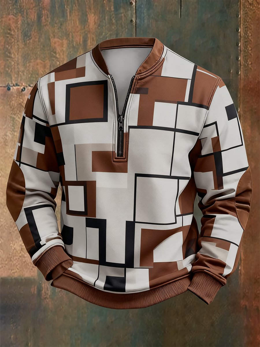 Sudadera retro Bauhaus geométrico Style estampado Quarter Zip para hombre