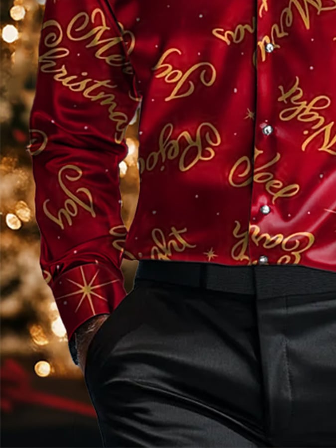 Camisa de lujo Christmas Contrast Color estampado de manga larga para hombre