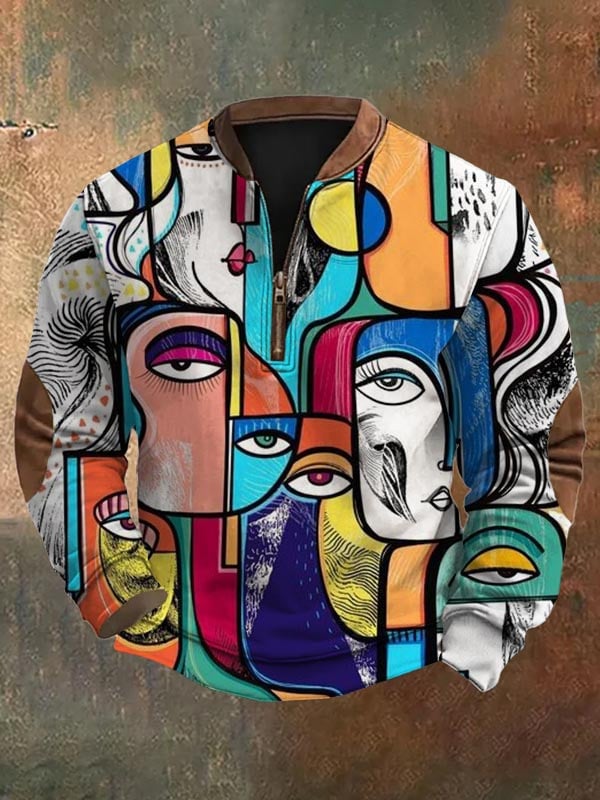 Sudadera de moda casual Art geométrico estampado cierre Neck para hombre