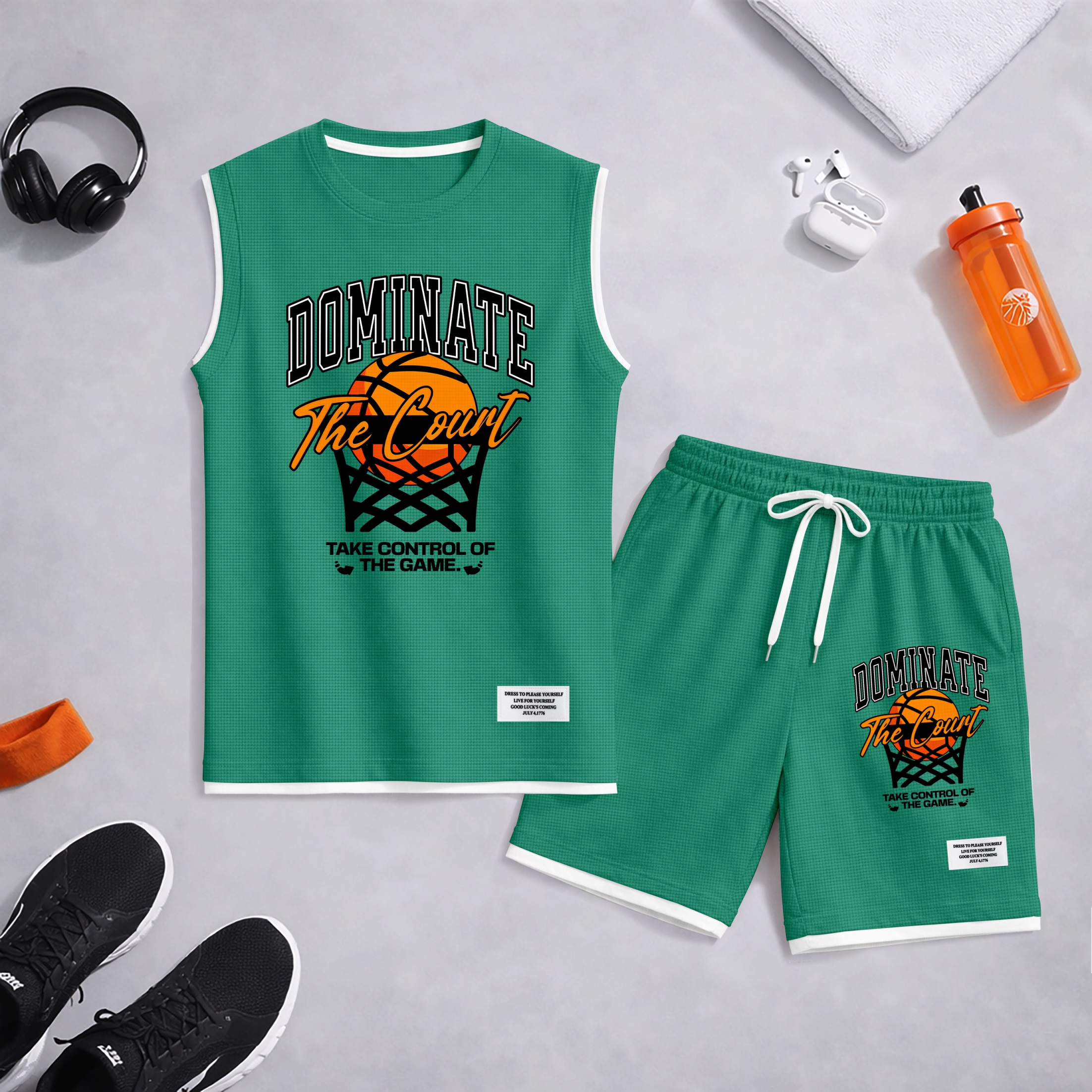 Shorts Basketball Graphic estampado Summer Set Sleeveless Tank Top & Matching Outfit, “Dominate The Court” Letter estampado with Hoop & Ball Design, Lightweight casual Streetwear Athletic Set for Everyday & para trabajoout para hombre