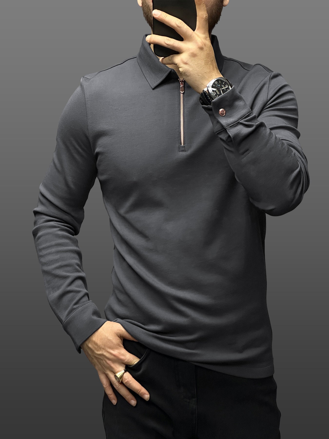 Modal Blend de manga larga Half Zip Polo