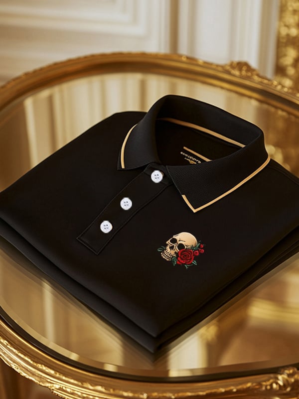 Camisa polo ejecutivo de color sólido Skull estampado de manga corta para hombre