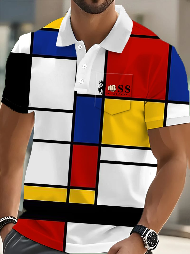 Casual ejecutivo Abstract geométrico Contrast Color Polo (With bolsillos) para hombre