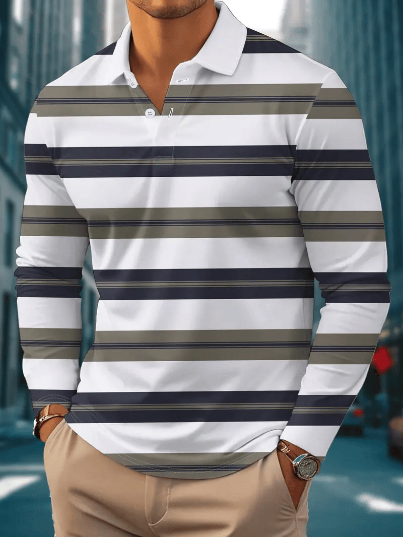 Camisa polo ejecutivo casual a rayas de manga larga para hombre