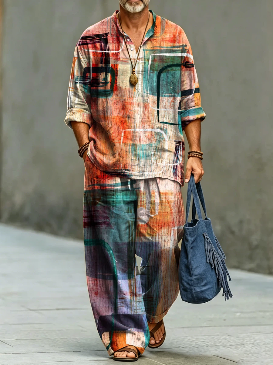 para hombre de modaable Abstract Geometric Stripe Art Print de algodón camisa Set