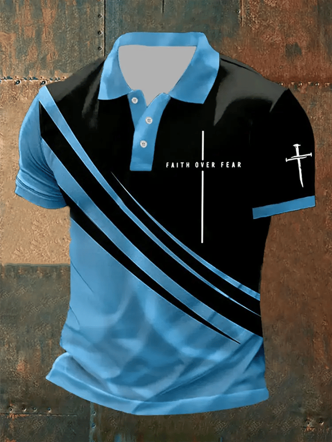 Camisa polo retro Faith “Faith Over Fear�? casual estampado para hombre
