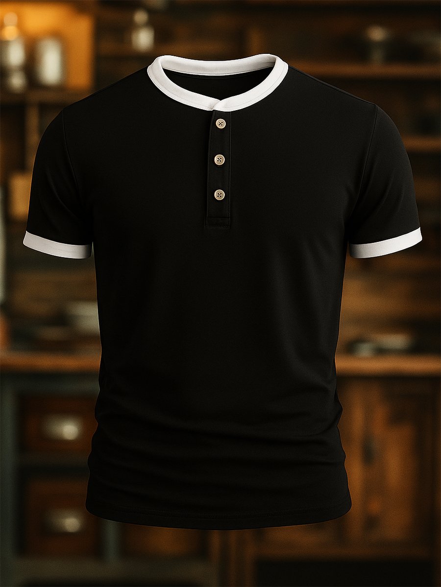 Camiseta de algodón casual de manga corta Henley Neck para hombre