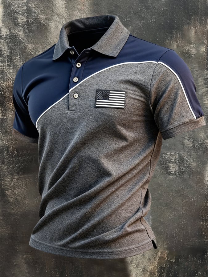 para hombre retro Patriotic Color-Block de manga corta camisa polo
