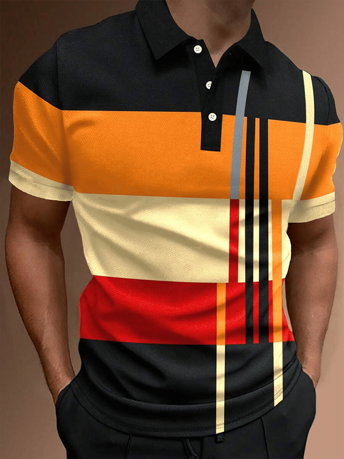 Camisa polo retro Contrast Design Button de manga corta casual para hombre