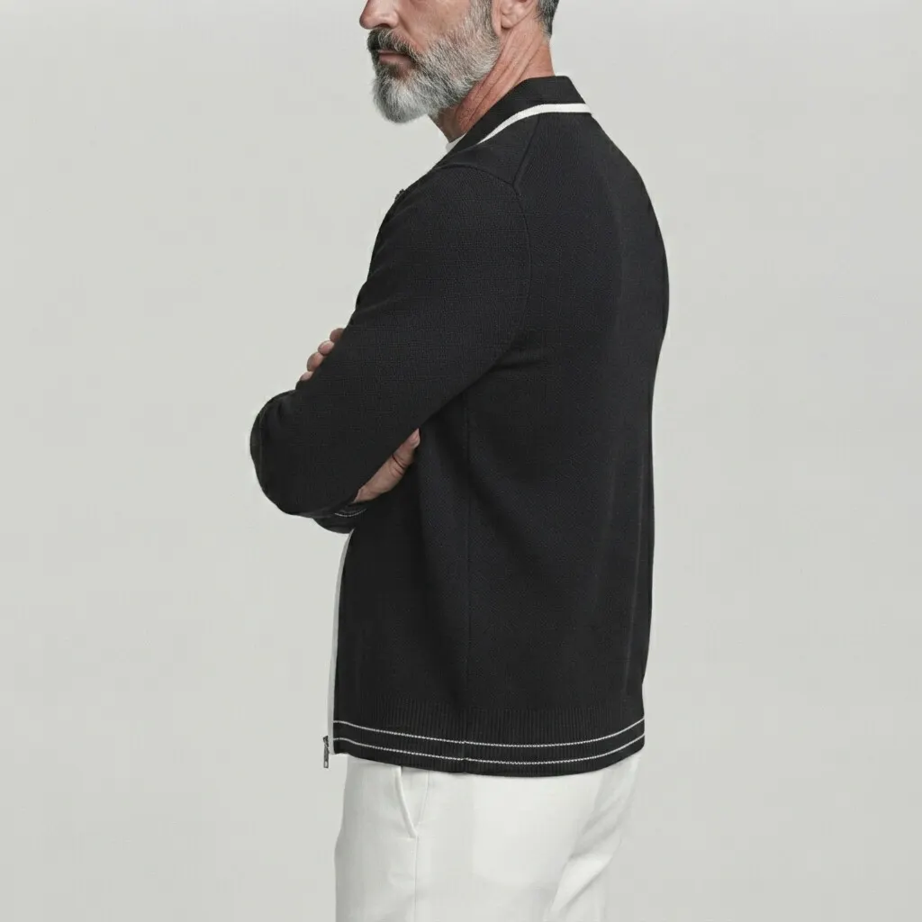 para hombre de color sólido Contrast Binding Turndown Collar Zipper tejidoted Cardigan