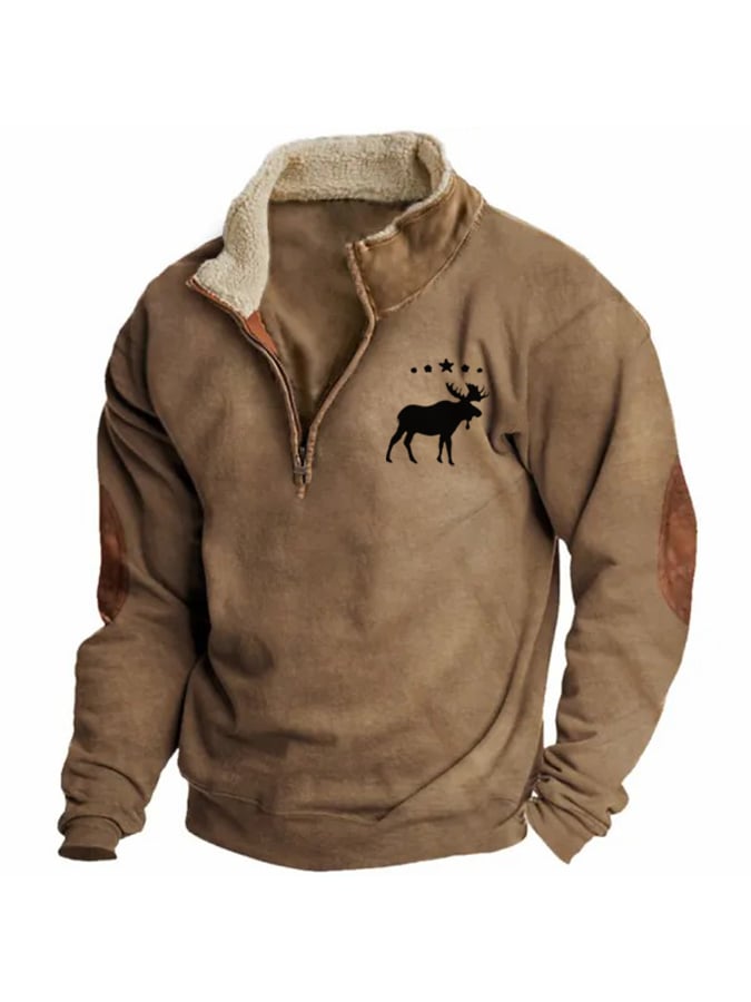 Sudadera retro Moose Creek Ethnic estampado Plush Half Open cuello Pullover para hombre