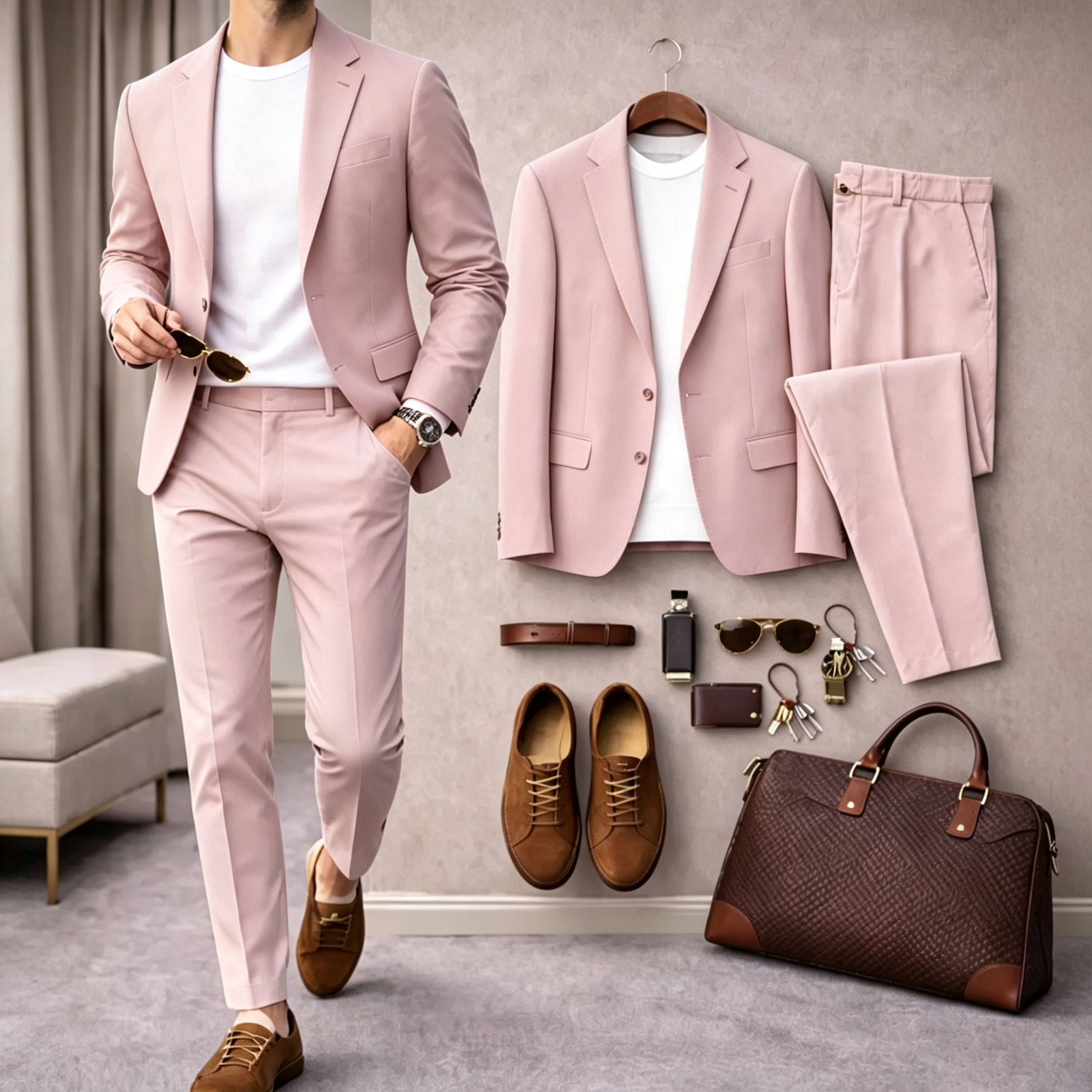 para hombre Solid-Color de manga larga camisa and Long pantalón Suit Set