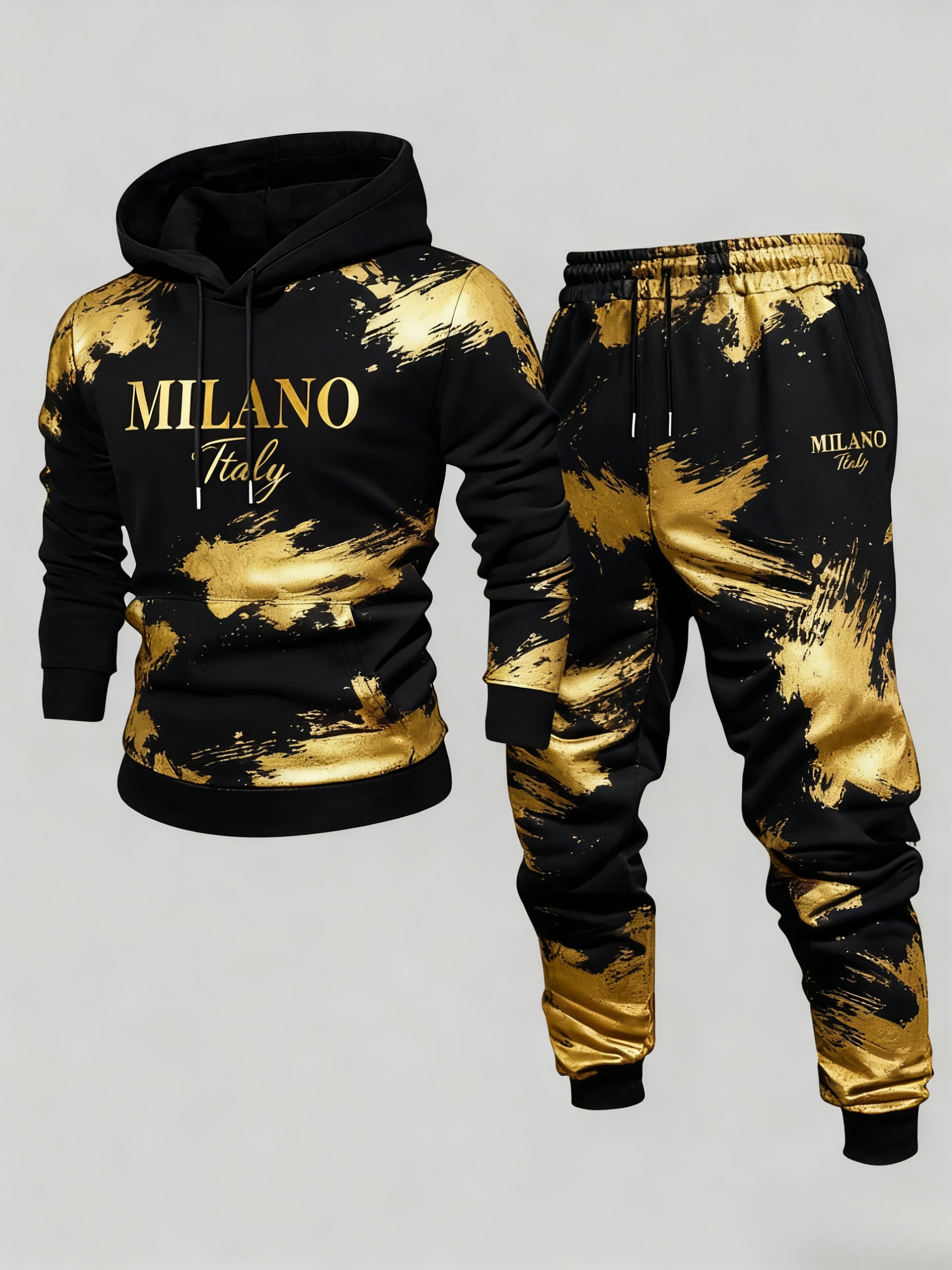 Conjunto de dos piezas casual Black & Gold Color Matching estampado sudadera con capuchas de manga larga sudaderas & Sweatpantalón para hombre
