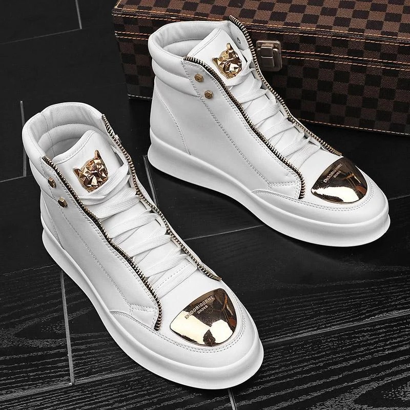 para hombre casual Solid Zipper Metal Decor Lace Up High Top PU Leather Martin Boots