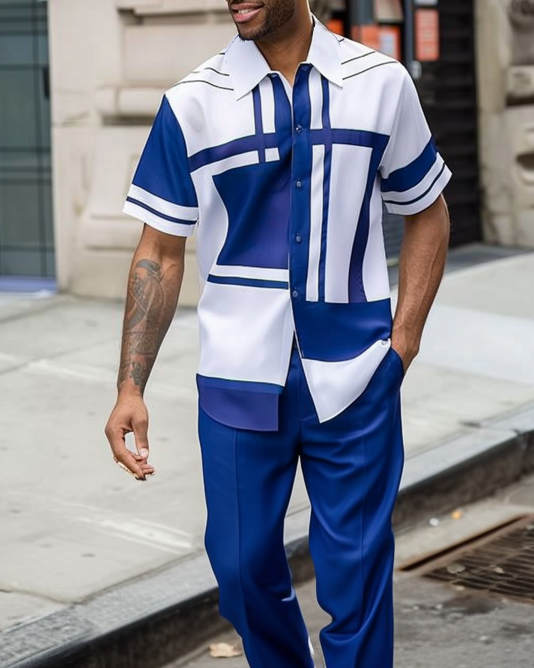 Geometric de manga corta Trousers Two-piece Walking Suit para hombre