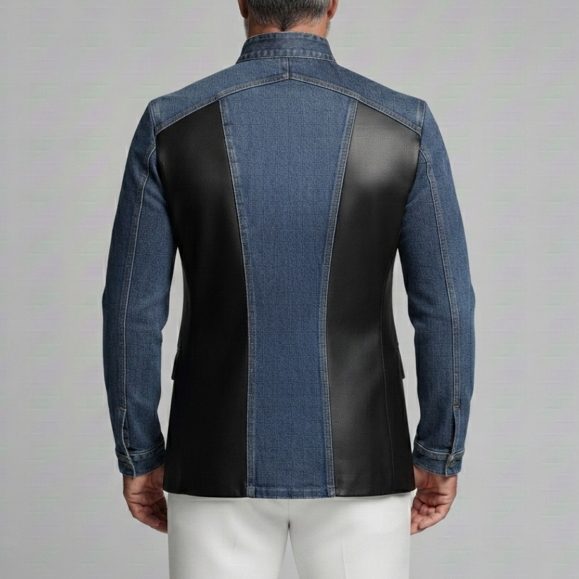 Chaqueta Denim PU Leather Patchpara trabajo Colorblock Stand Collar de corte entallado Wrap para hombre
