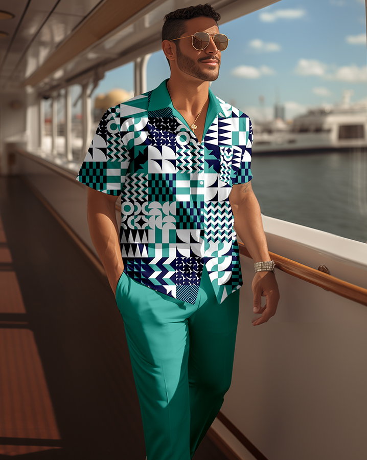 Camisa retro colorblock de manga corta walking Suit 1675 para hombre