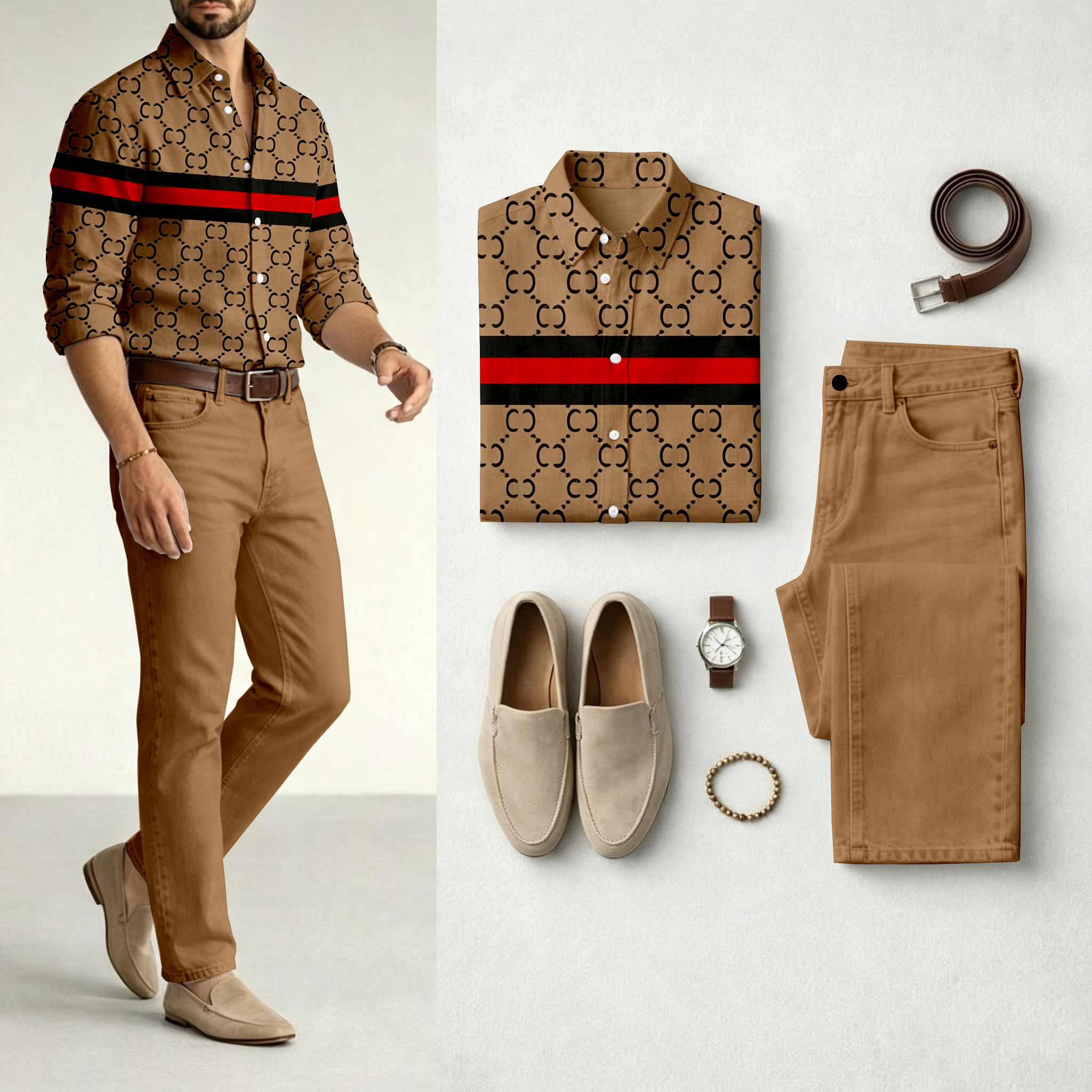 para hombre Brown estampado de manga larga camisa and Jeans Set