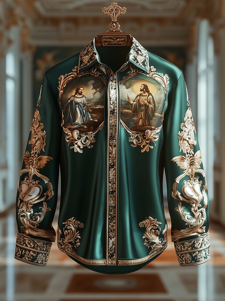 Camisa satén Luxe Saint Michael Archangel Baroque de manga larga con botones para hombre