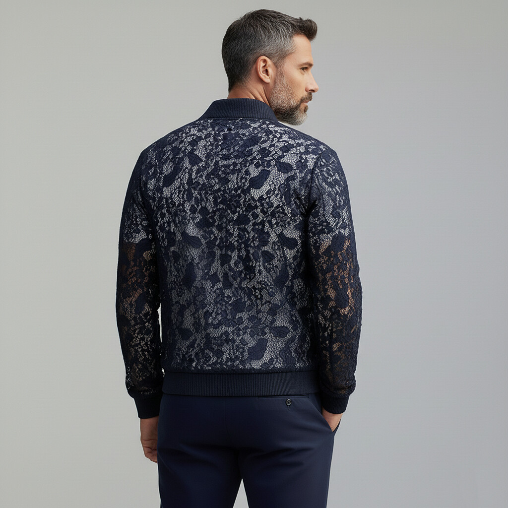 Chaqueta elegante Midnight Blue Guipure Lace Ribbed Cuffs Turndown Collar Zipper para hombre