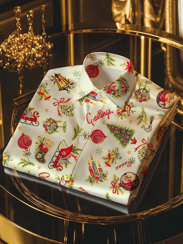 Camisa de lujo Christmas Contrast Color estampado de manga larga para hombre