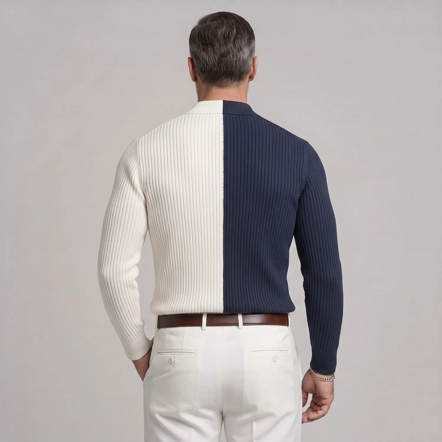para hombre Colorblock Ribbed tejido Double-Breasted Lapel Collar Slim Ficamiseta