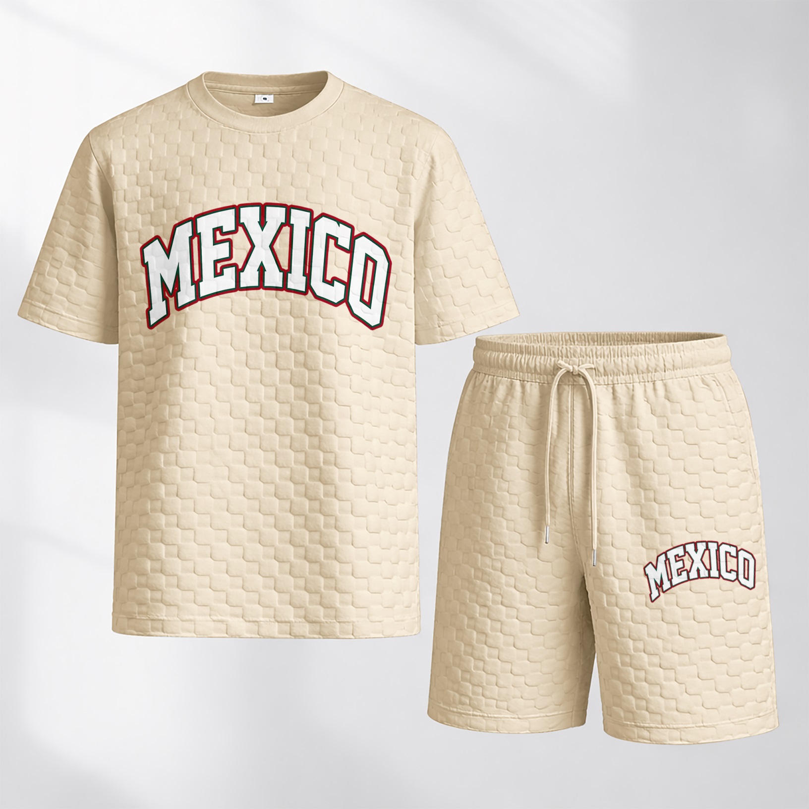 Camisa Spring/Summer Mexican-estampado a cuadros Drawstring shorts Set—A casual summer outfit featuring a de manga corta and shorts, ideal for both everyday wear and athletic activities para hombre