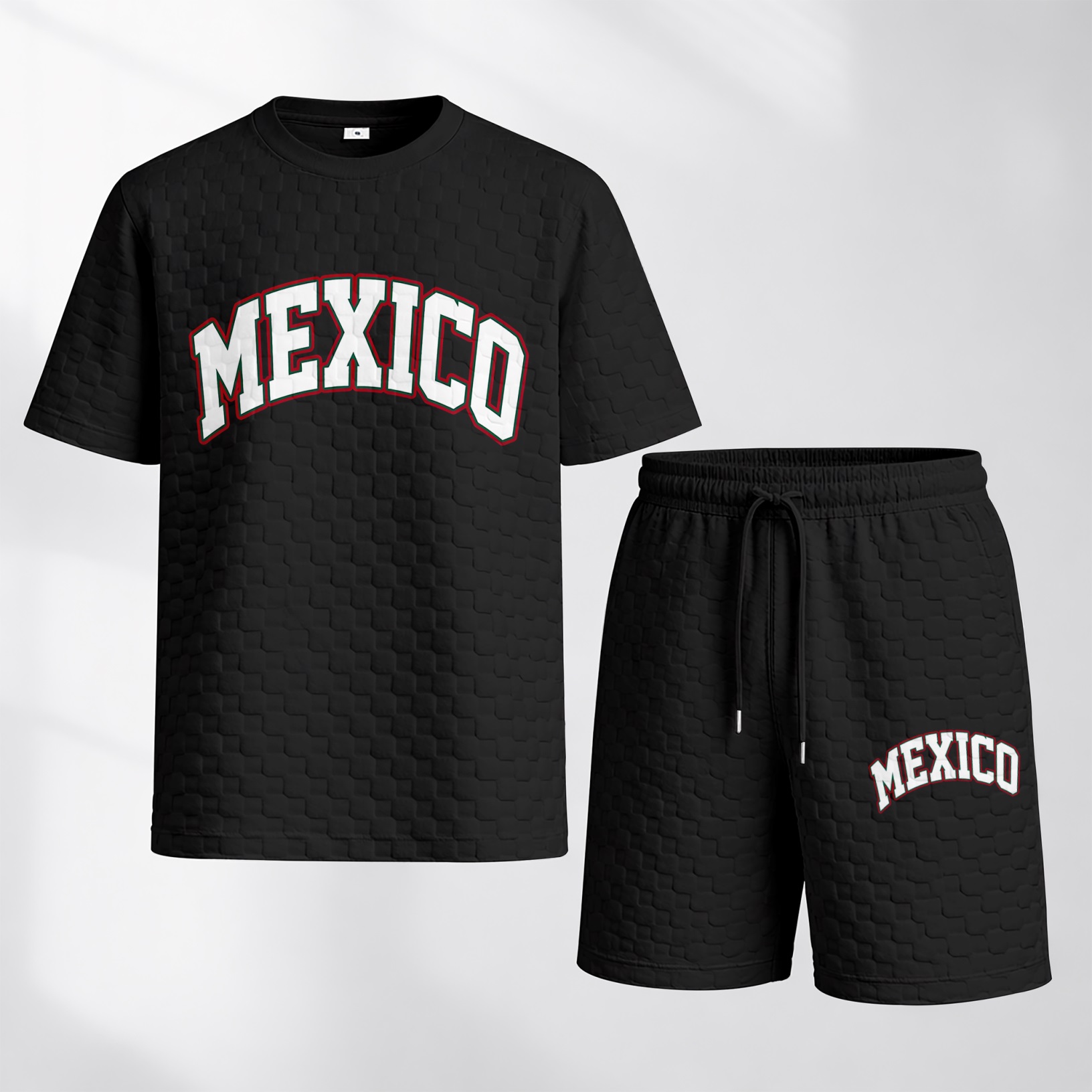 Camisa Spring/Summer Mexican-estampado a cuadros Drawstring shorts Set—A casual summer outfit featuring a de manga corta and shorts, ideal for both everyday wear and athletic activities para hombre