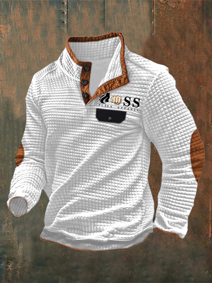 Sudadera vintage Lettering estampado Stand cuello Check Button para hombre