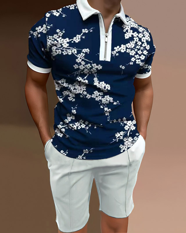 Conjunto de dos piezas camisa polo casual floral para hombre