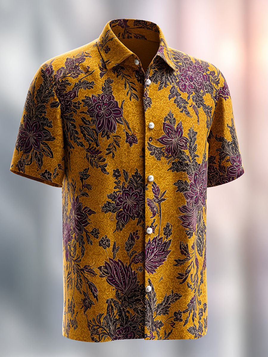 Camisa ejecutivo casual Yellow floral solapa de manga corta para hombre