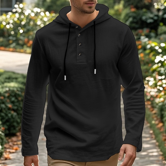 Camisa Beach Wear Hooded camisa Solid / Plain Color Street Going out Black White Khaki Gray de manga larga Hooded Summer Clothing Apparel Adjustable Drawstring Hood para hombre