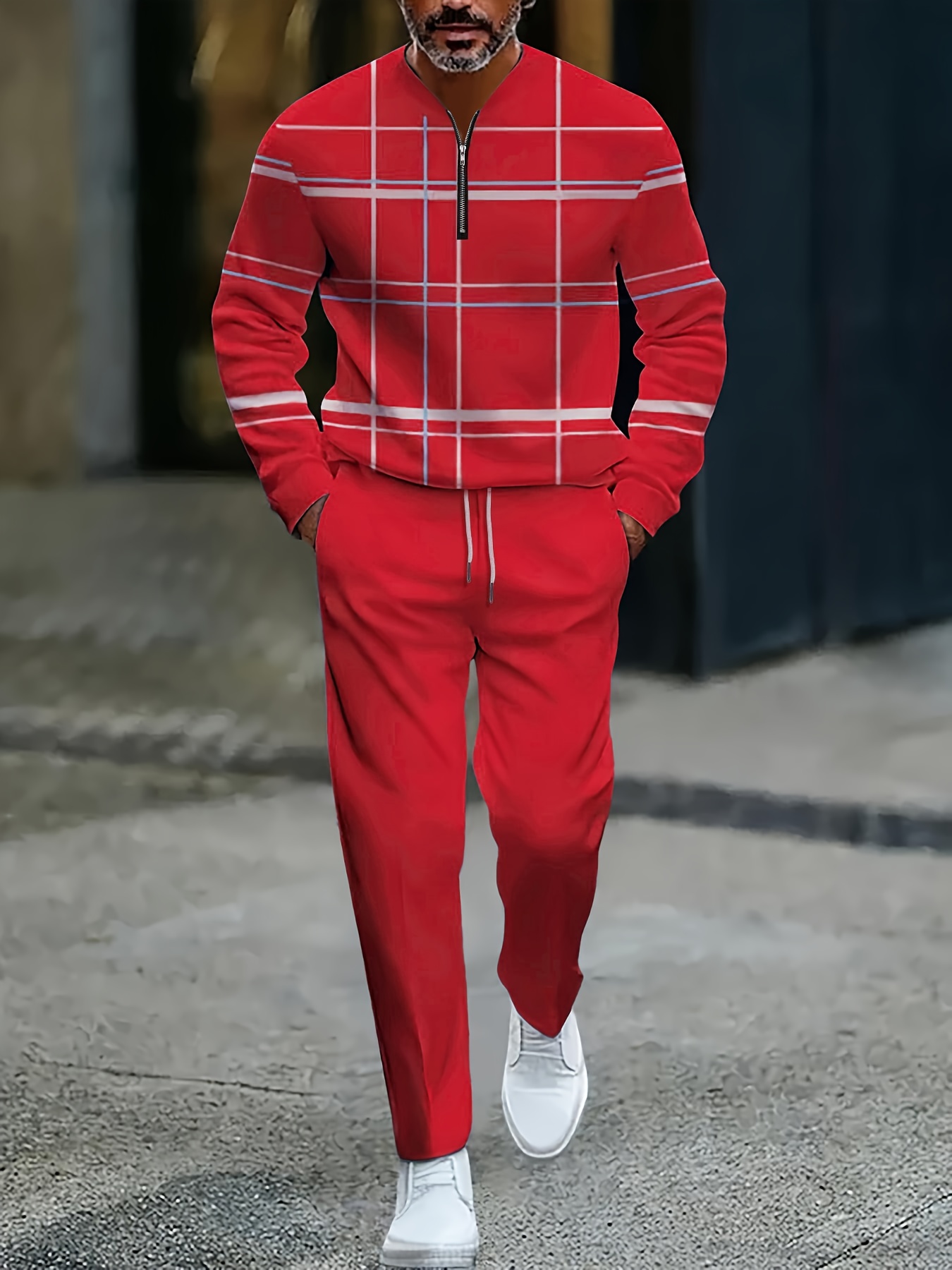 Conjunto de dos piezas casual Color Matching estampado Round-Neck Zipper de manga larga Trousers para hombre
