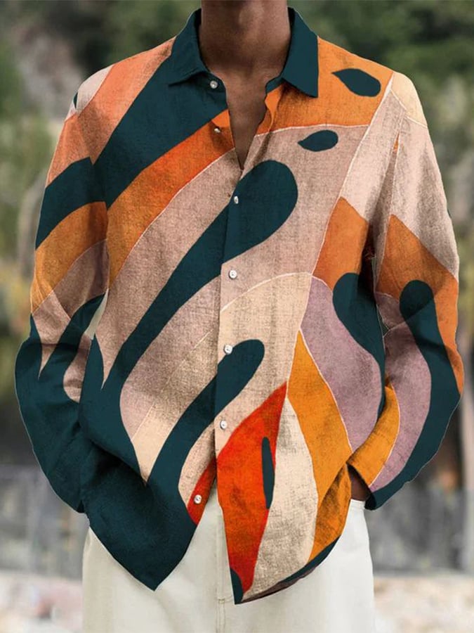 Camisa Woven elegante Geometric estampado holgado de manga larga para hombre