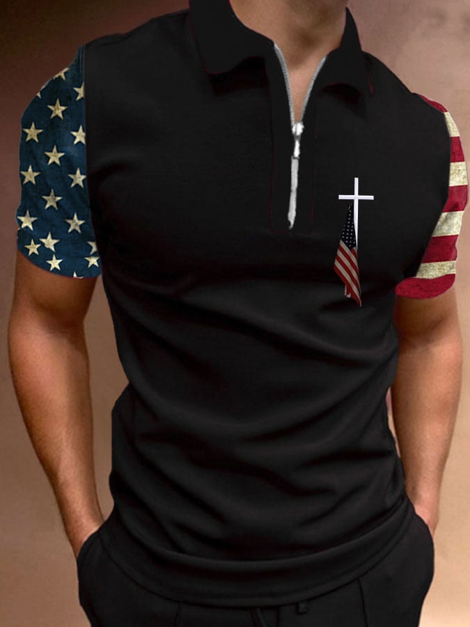 Camisa polo Flag Cross estampado casual para hombre