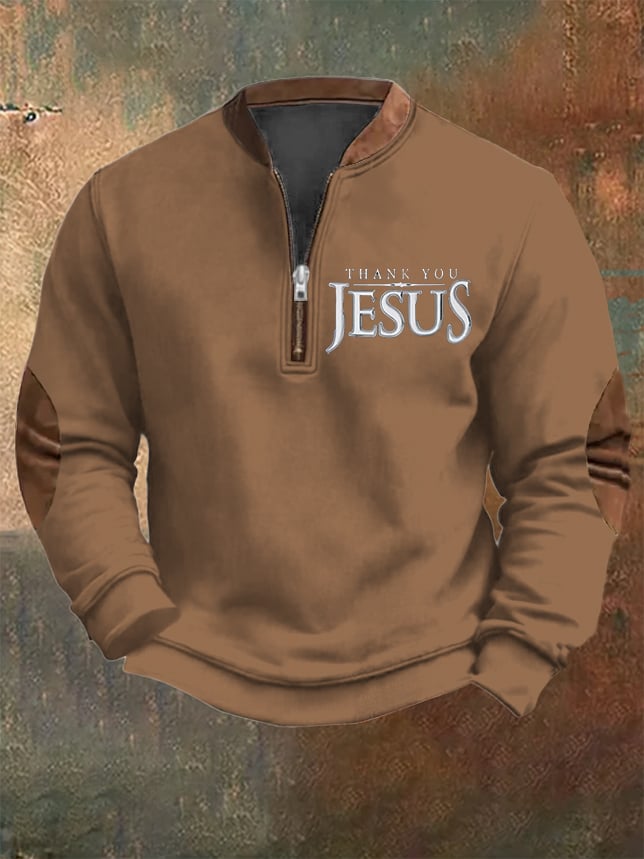 Sudadera vintage Faith "Thank You Jesus" estampado Zip cuello para hombre