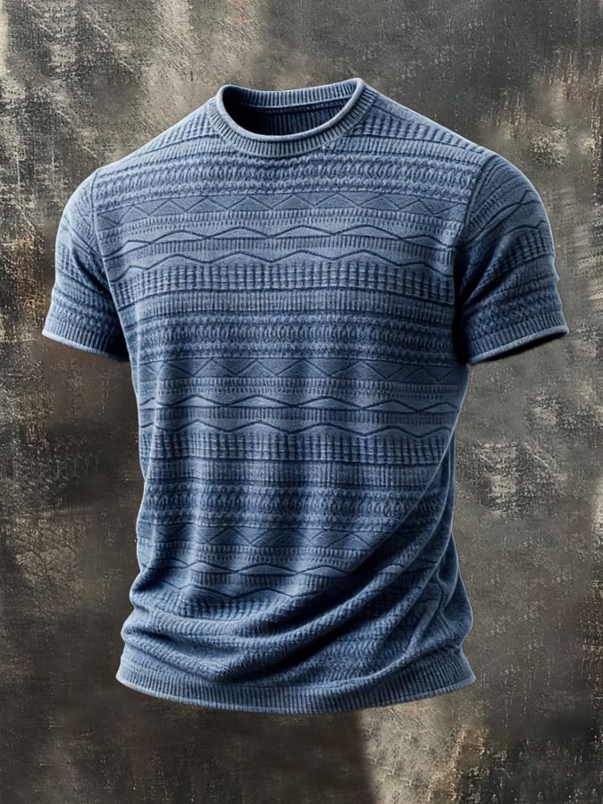 Retro-Style cuello redondo de manga corta Top with Unique Texture para hombre
